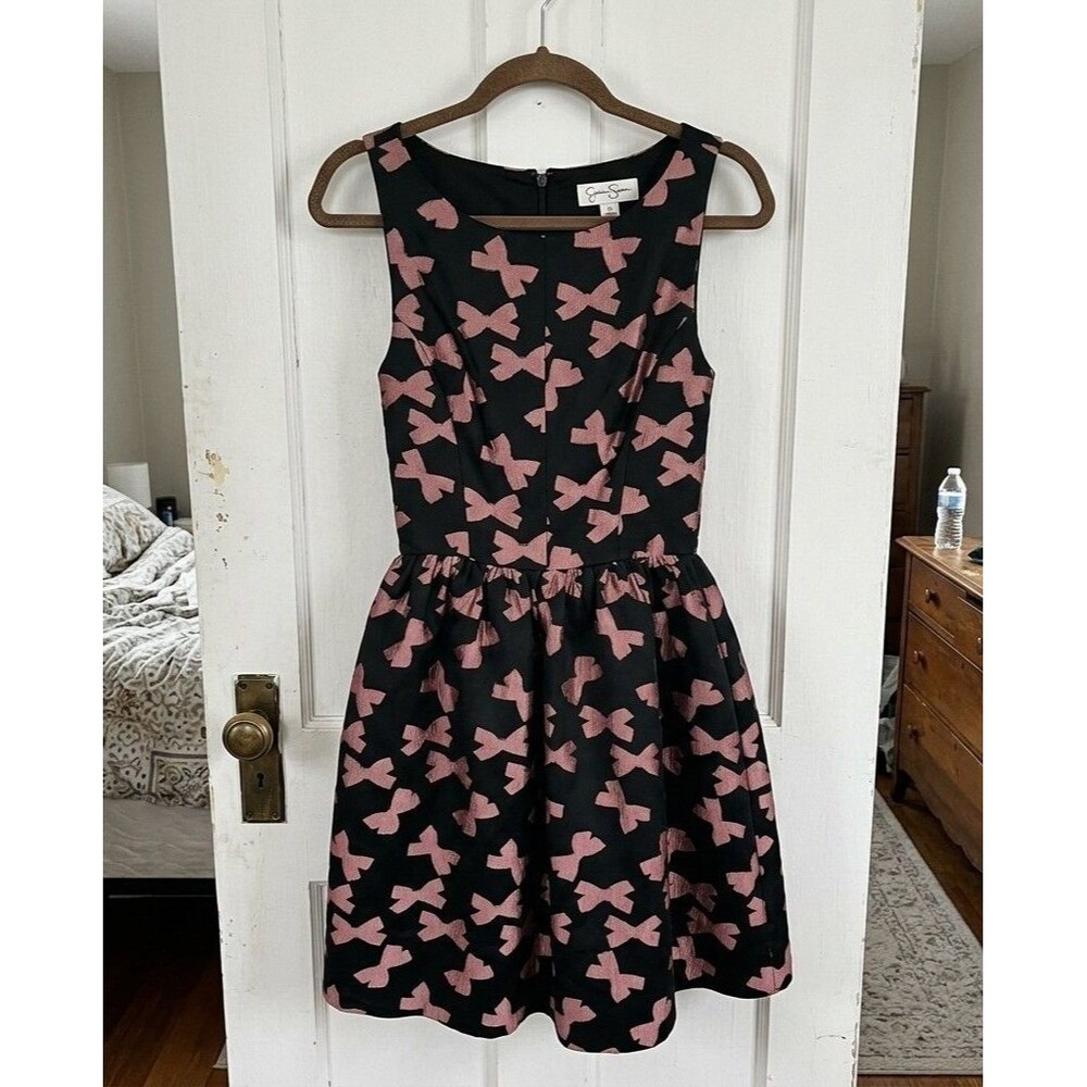 Jessica Simpson Black & Pink Bow Jacquard Dress - Size 8